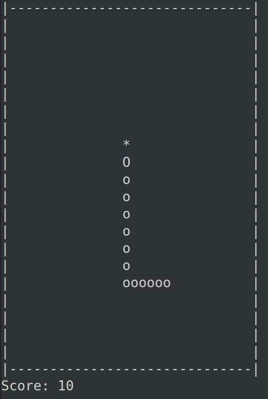 Terminal snake game, dashed border, snake seven segments long, score 10