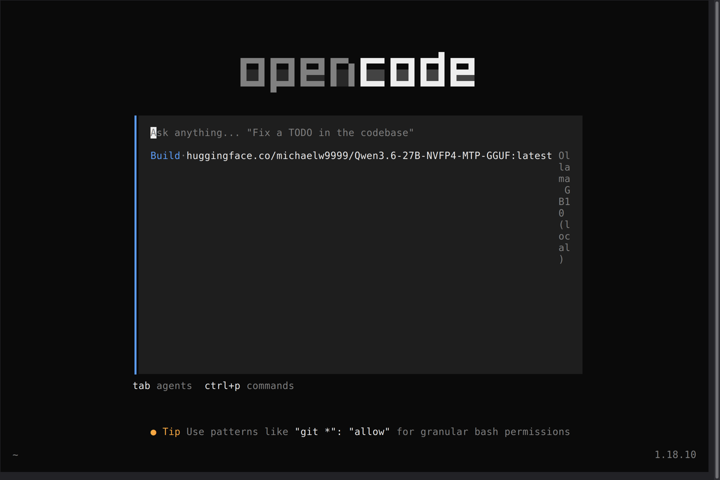 opencode terminal user interface at startup