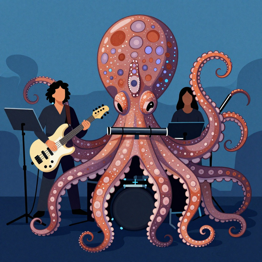 draw a picture of band of octupus playing harmonica