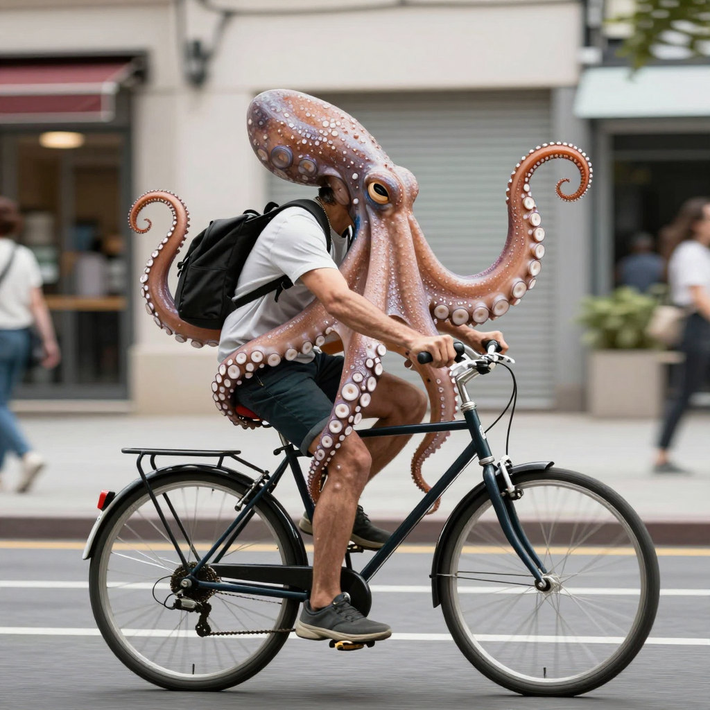 an octopus riding a bicycle
