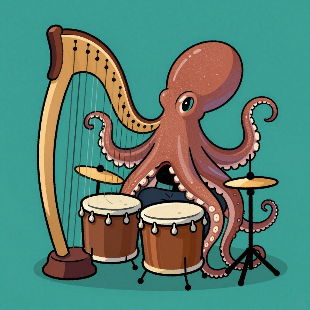 draw a picture of an octupus playing harf and drums
